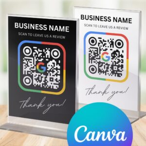 Google review sign template. Google review QR code sign mockups in black and white designs, displayed in acrylic holders for small business counters.